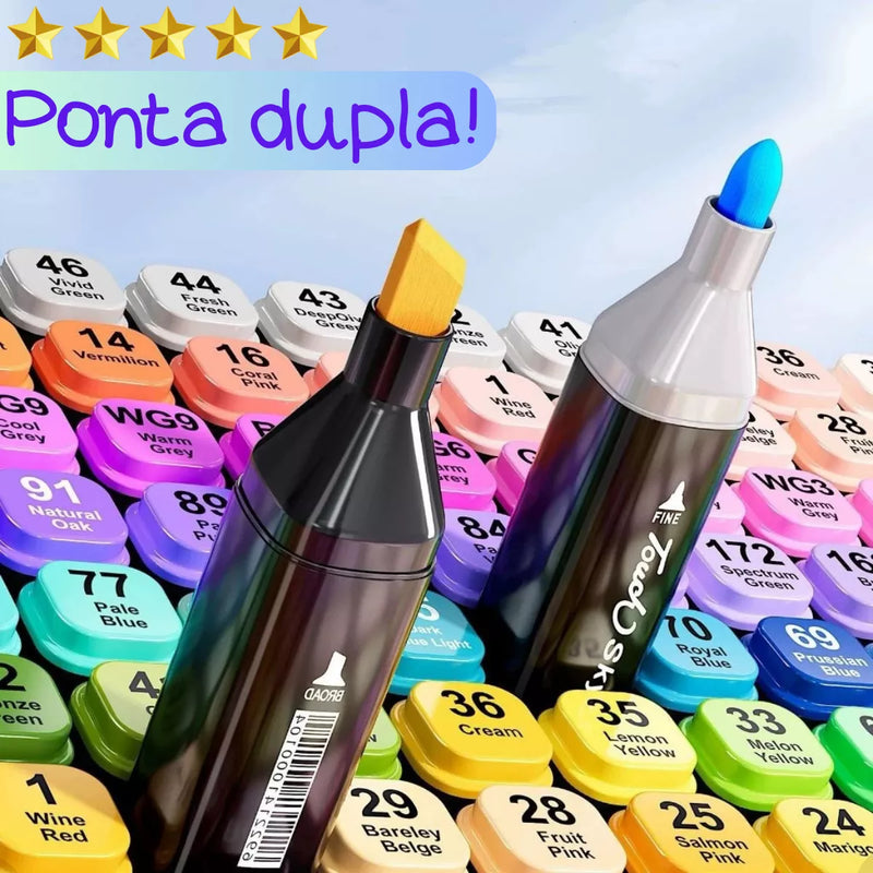 Estojo Canetinhas Cololoridas Marcador Permanente Ponta Dupla 120 Cores + 5 Livro de Colorir