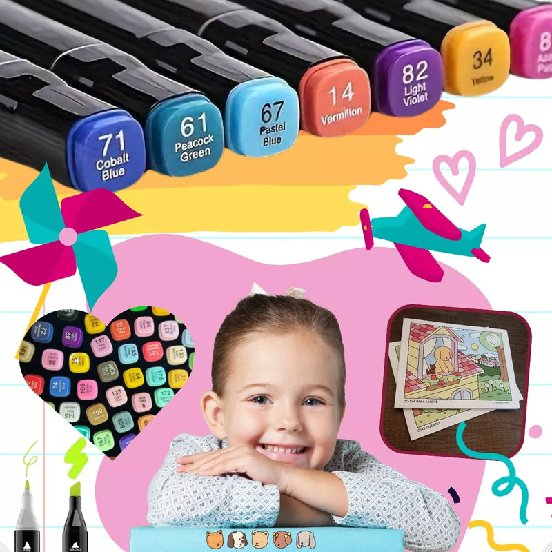 Estojo Canetinhas Cololoridas Marcador Permanente Ponta Dupla 120 Cores + 5 Livro de Colorir
